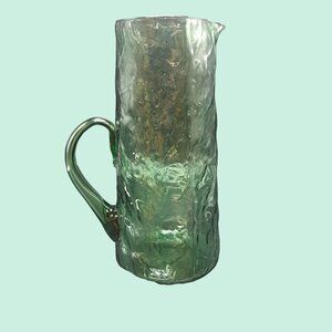 Textured Crinkle Glass Tall Pitcher Forest Green Low Offset Attached Handle